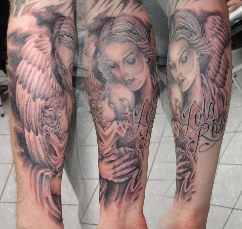 The most common place to get angel tattoos is on the upper arm or chest for