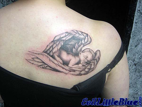 fairy holding baby tattoo by Mirek vel Stotker