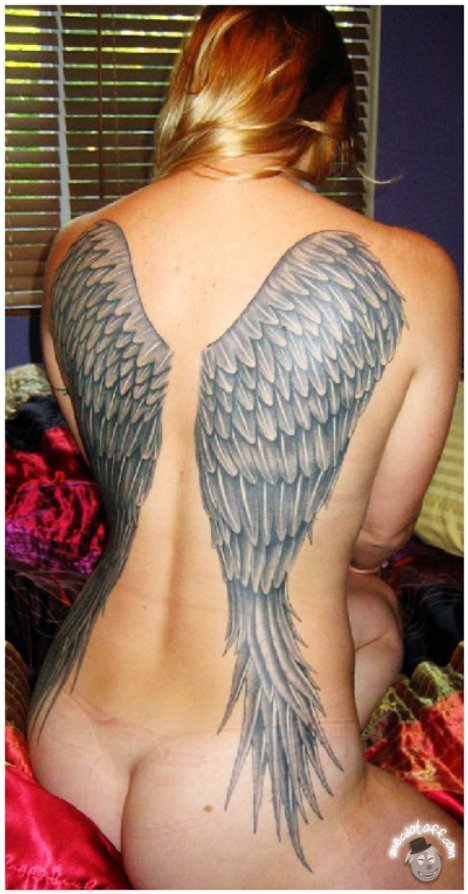 The wing tattoo depicted in the picture is indicative of an angel motif.